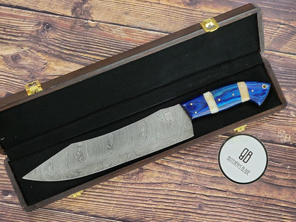 Butcher's Blade . This limited edition handmade 15" Damascus Slicing knife is part of our Summer 2021 Damascus series of knives. Each knife is handmade and no two handle are 100% identical, they are the same pattern and material but since they are made by hand there will be very slight variances if yo compare 2 side by side.  This Knife is made of 420 layers of High 149. Damascus steel with a 10" blade and 5" handle. Each knife come in a wooden storage box.
