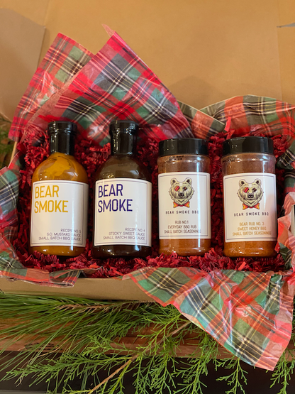 Here's you chance to build the perfect bundle of Bear Smoke BBQ's sauces and rubs. Pick any 2 of our Hand Crafted BBQ Sauces and pair them with any 2 of our Small Batch BBQ Rubs or Seasonings and Save!  You get 2 - 16oz bottles of Bear Smoke BBQ Sauces and 2 - 8 oz Bottles of Bear Smoke BBQ Rub/Seasonings