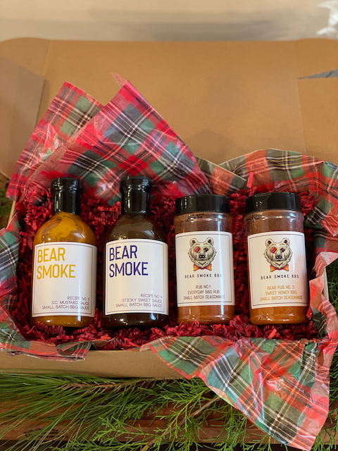 Here's you chance to build the perfect bundle of Bear Smoke BBQ's sauces and rubs. Pick any 2 of our Hand Crafted BBQ Sauces and pair them with any 2 of our Small Batch BBQ Rubs or Seasonings and Save! Mix an Match to your liking.  You get 2 - 16oz bottles of Bear Smoke BBQ Sauces and 2 - 8 oz Bottles of Bear Smoke BBQ Rub/Seasonings