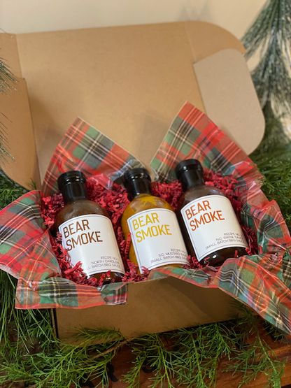 What kind of Carolina based BBQ Sauce company would we be if we didn't have a Bear Smoke BBQ Sauce Gift set featuring the 3 classic Carolina Style BBQ Sauces that feature the best of both North and South Carolina BBQ styles.  Includes:  16 oz bottle of Recipe No. 1 Everyday BBQ Sauce  16 oz bottle of Recipe No. 3 - Swine Sauce  16 oz bottle of Recipe No. 5 - S.C. Mustard Barbecue Sauce