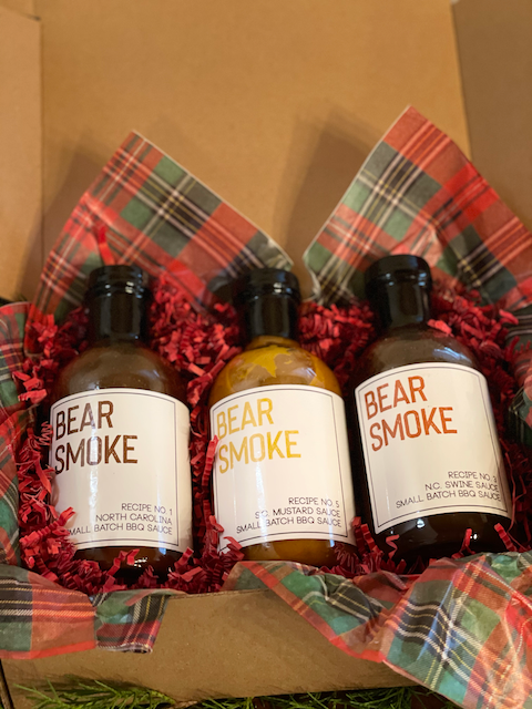 What kind of Carolina based BBQ Sauce company would we be if we didn't have a Bear Smoke BBQ Sauce Gift set featuring the 3 classic Carolina Style BBQ Sauces that feature the best of both North and South Carolina BBQ styles.  Includes:  16 oz bottle of Recipe No. 1 Everyday BBQ Sauce  16 oz bottle of Recipe No. 3 - Swine Sauce  16 oz bottle of Recipe No. 5 - S.C. Mustard Barbecue Sauce