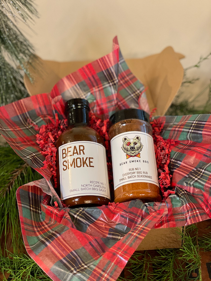 This is the perfect gift set for those who want to try the 2 products that started it all. Bear Smoke BBQ Original Recipe No. 1 BBQ Sauce and Bear Smoke BBQ - Original BBQ Rub No. 1.   Bear Sauce Recipe No.1 is our take on traditional BBQ sauce with a mix of Texas, Kansas City, Memphis and Eastern and Western Carolina barbecue style sauces all wrapped into one.